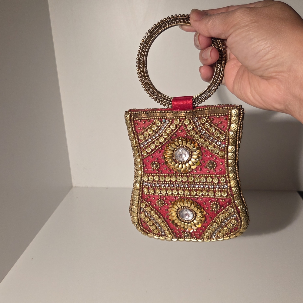 Gold-Embellished Pink Beaded Wristlet Clutch